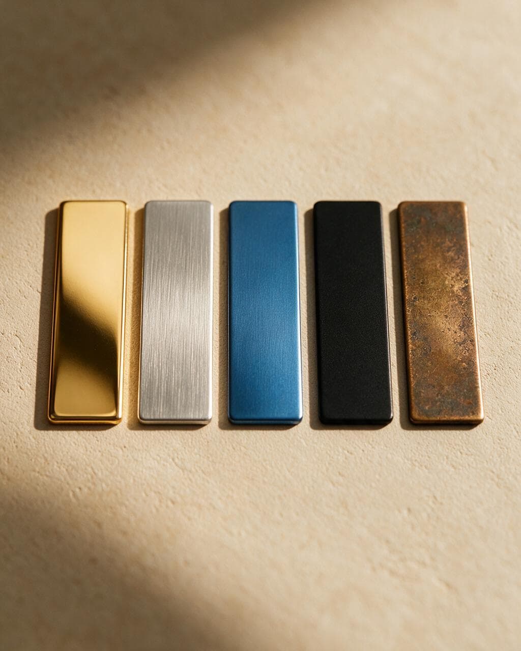 Cinq plaques en alliage d’aluminium : or poli, argent brossé, bleu anodisé, noir mat, bronze patiné